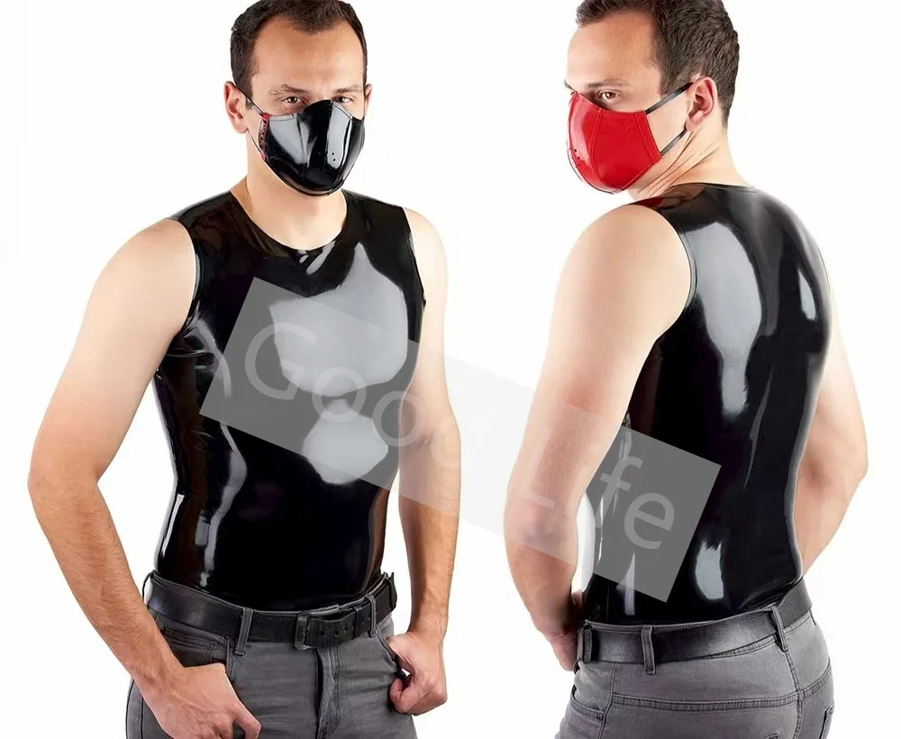 

Натуральный классический черный латексный мужской жилет, резиновая футболка с круглым вырезом, костюм без рукавов, мужская рубашка-поло, резиновая майка с круглым вырезом