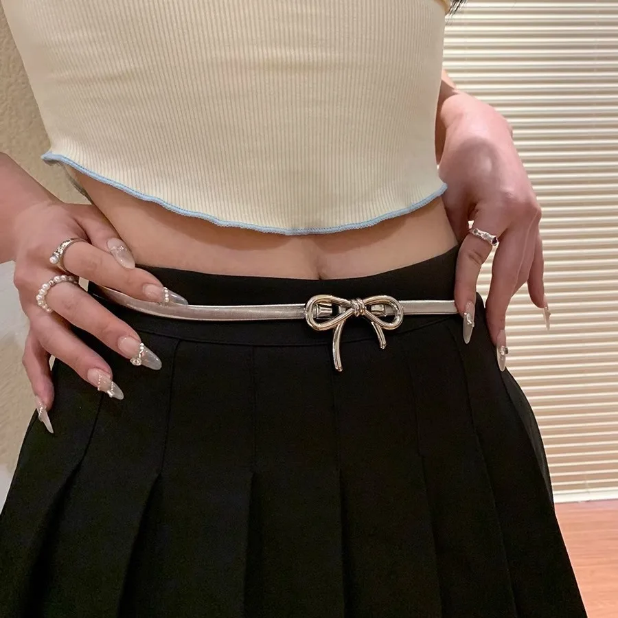 

Korean Style Bow Elegant Elastic Belt Ladies Retro Metal Thin Waist Short Skirt Decorative Belt Ladies Silver Elastic Belt