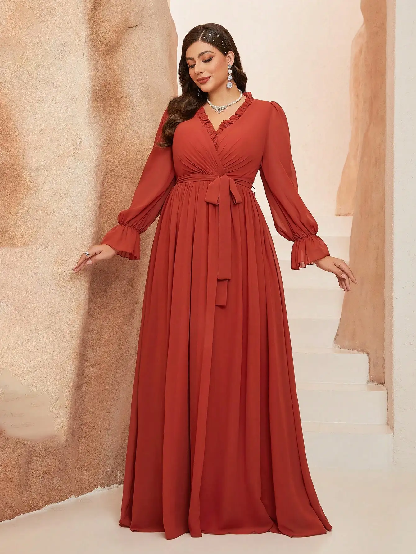 Mgiacy V-neck irregularly crossed pleated wooden earflap strap chiffon full-skirted long-sleeved dress