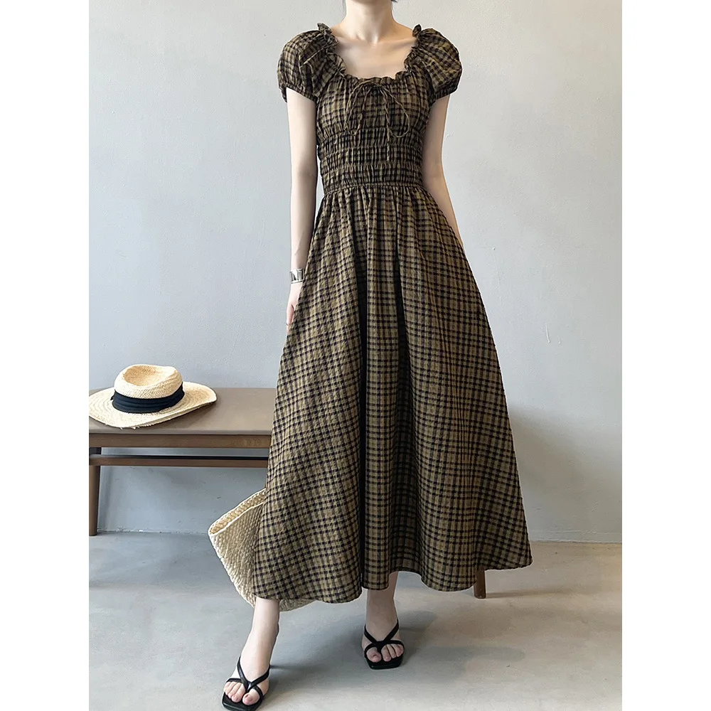 Women Clothing Korean Style Plaid Dress 2024 Summer Fashionable New Design Sense Short Sleeve Casual Simple Women Elegance Dress