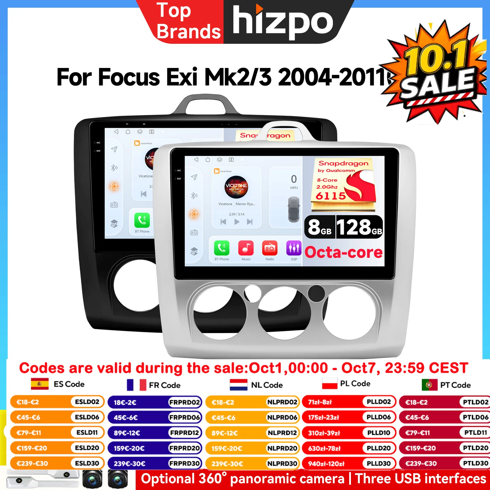 Hizpo 6115 Autoradio Android 2Din con Carplay e AI per Ford Focus Exi 2004-2011, Lettore Multimediale con GPS e Telecamera a 360°