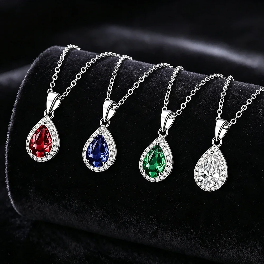 925 Sterling Silver Moissanite & Lab‑Grown Diamond Necklace for Women, Luxury Red Stone Chain Fine Jewelry, Ideal Anniversary Birthday Party Holiday Gift Accessories