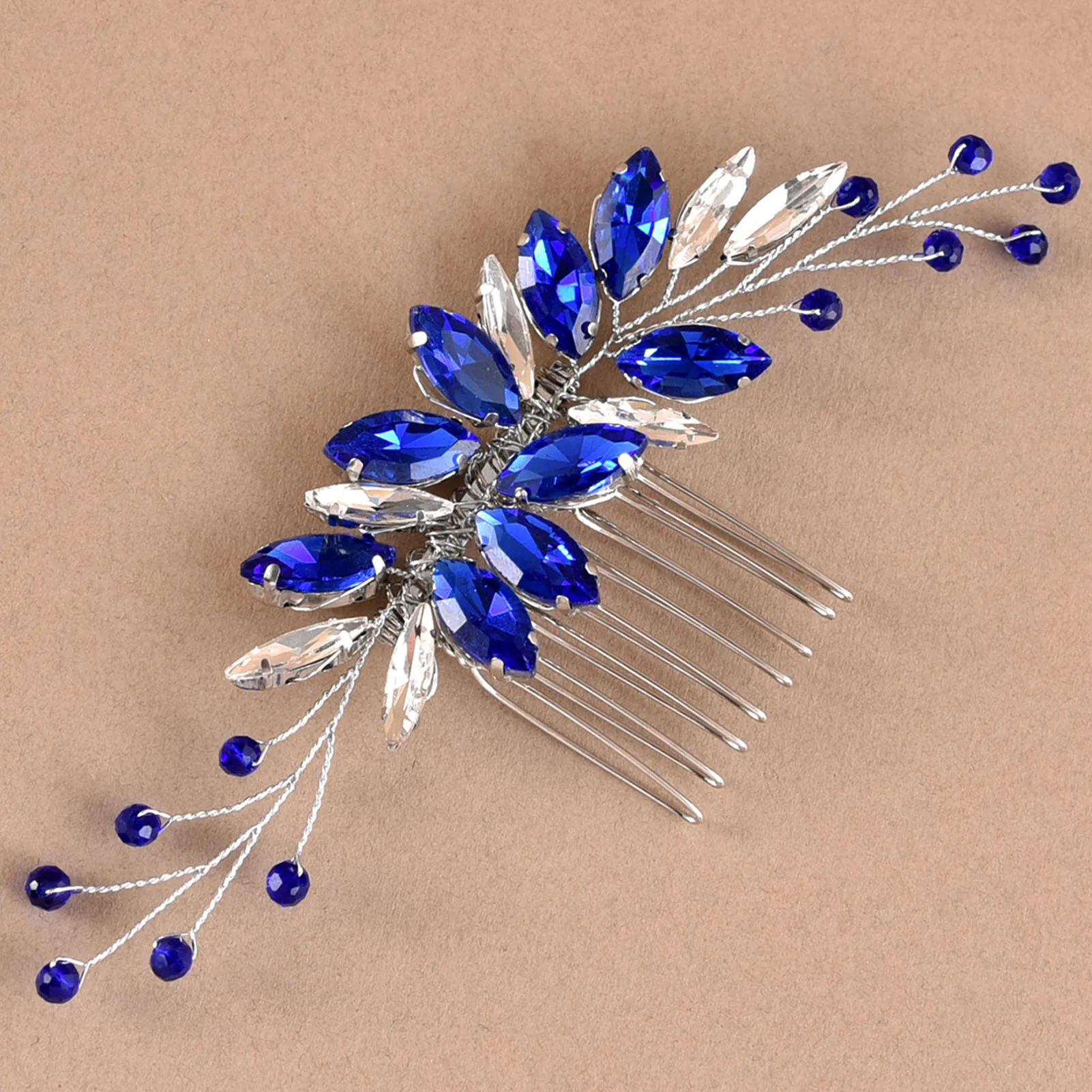 Hair Jewelry Headdress Hair Comb Blue Rhinestones Hair Piece Marriage Hair Accessory for Women Girls Long & Thick Hair