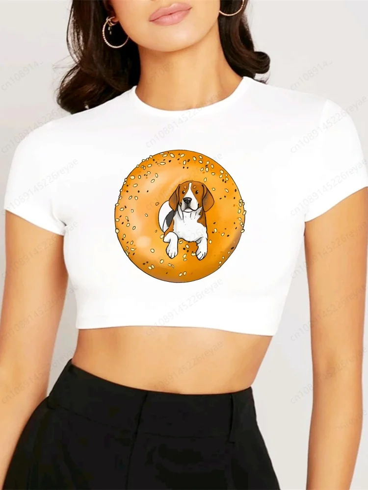 Tshirts Women Fashion Summer Crop Tops Hip Hop Girl Printed Beagle Bagel Dog Top Navel Shirt Streetwear Harajuku Funny Tshirt