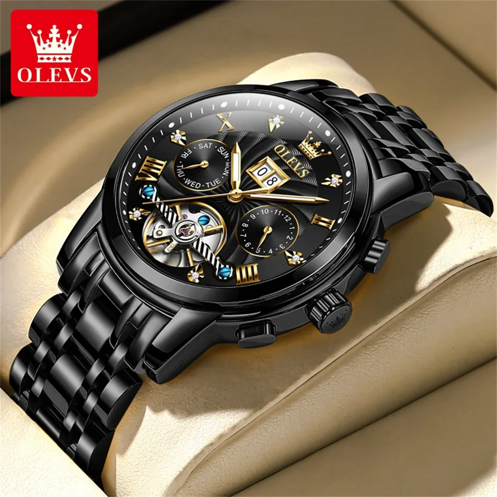 OLEVS Original Brand Luxury Tourbillon Watch for Men Stainless Steel Waterproof Luminous Date Business Mens Mechanical Watches