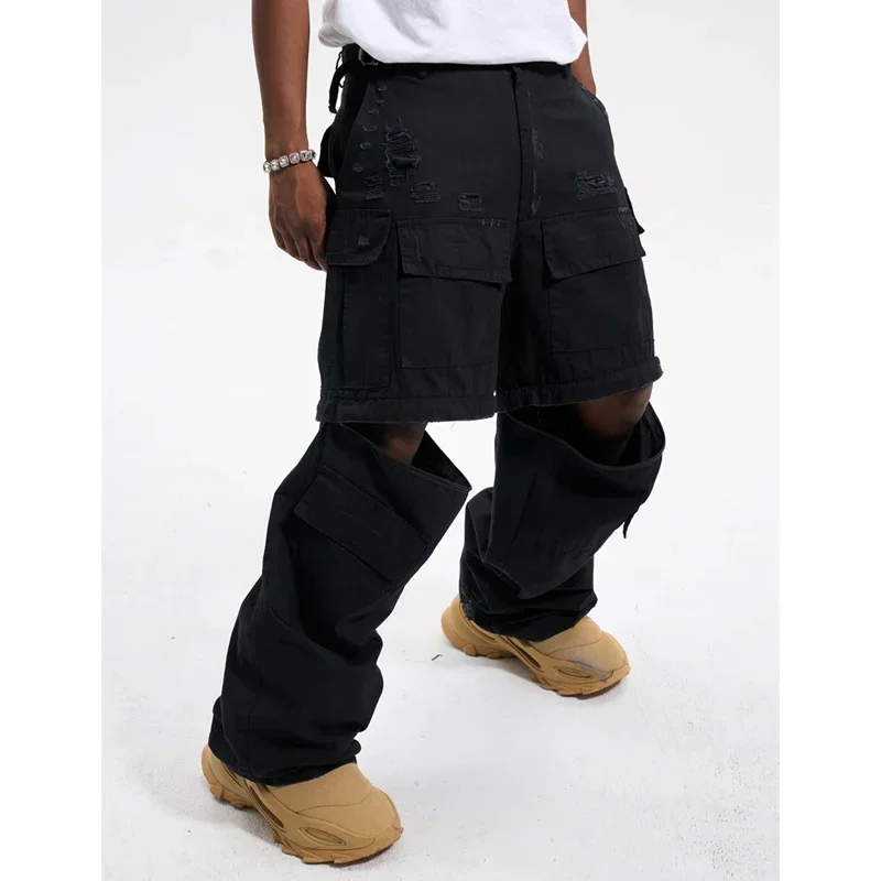 High Street Style Detachable Worn Side Pocket Cargo Wide Leg Skateboard Pants Hipster men's Casual Pants