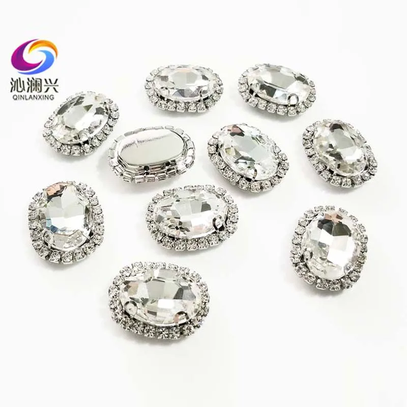 White Color Glass Crystal Buckle, Oval Shape Sew on Rhinestones, Used for Needlework, Diy/Clothing/Sewing Accessories