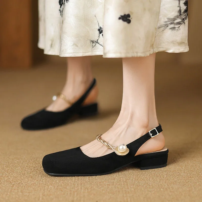 

Женские бархатные туфли-лодочки Phoentin в стиле ретро, черные туфли с открытой пяткой, туфли на низком каблуке с пряжкой, большие размеры 43, новинка 2025 FT4085