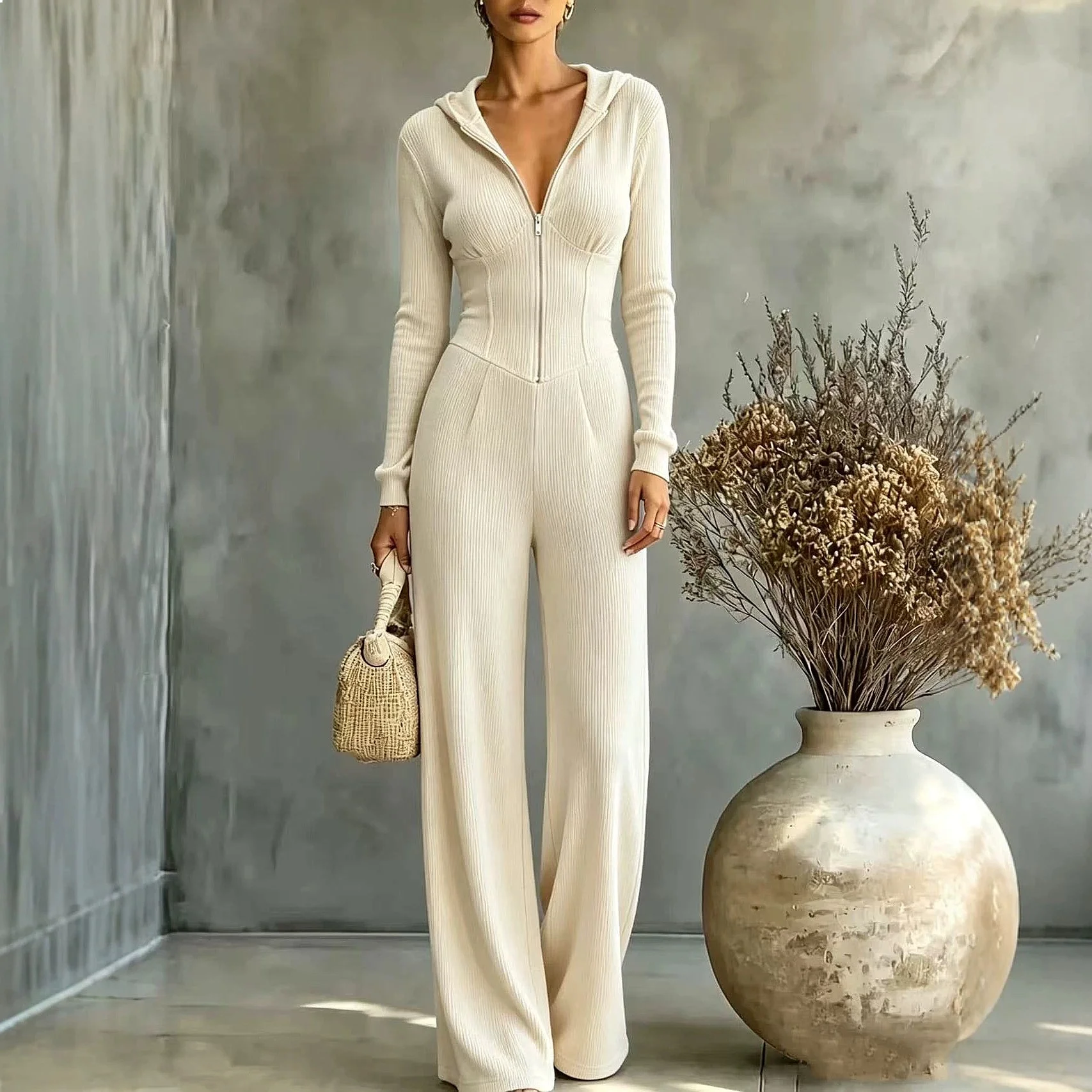 Hooded Knit Jumpsuit for Women Slim Fit Zip Leggings Overall Playsuit