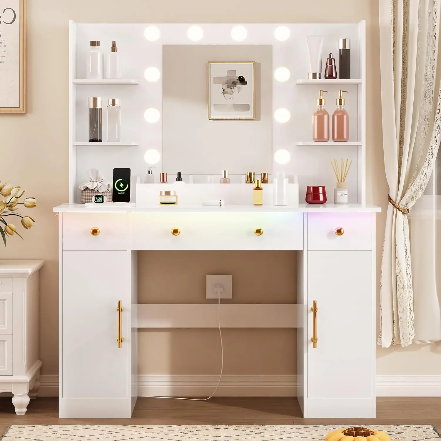 Makeup Vanity with Mirror and LED Lights & Power Outlet, 3 Lighting Modes Dressing Table Set for Girls Women Bedroom, Customized