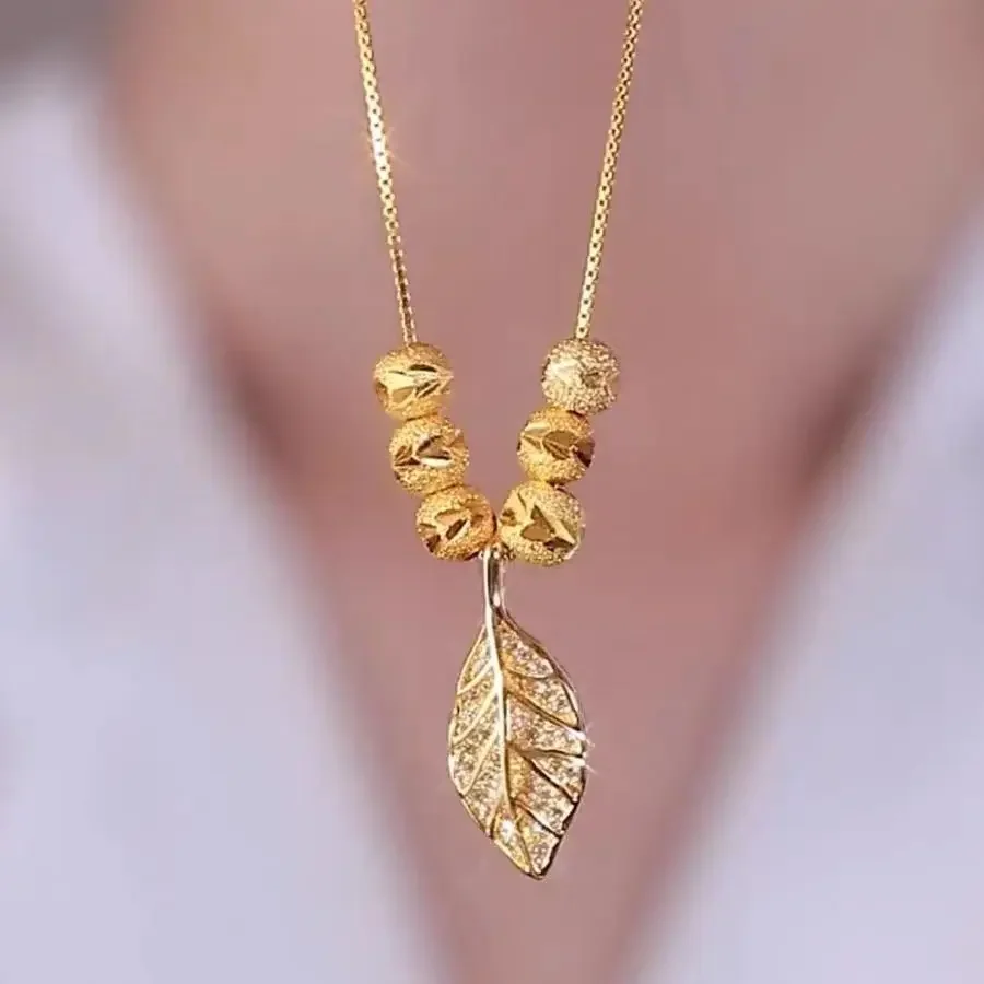 100% 24k Gold Necklace Chain, Real 999 Yellow Gold Zircon Leaf Pendant Necklace for Women Party Fine Jewelry Birthday Gift