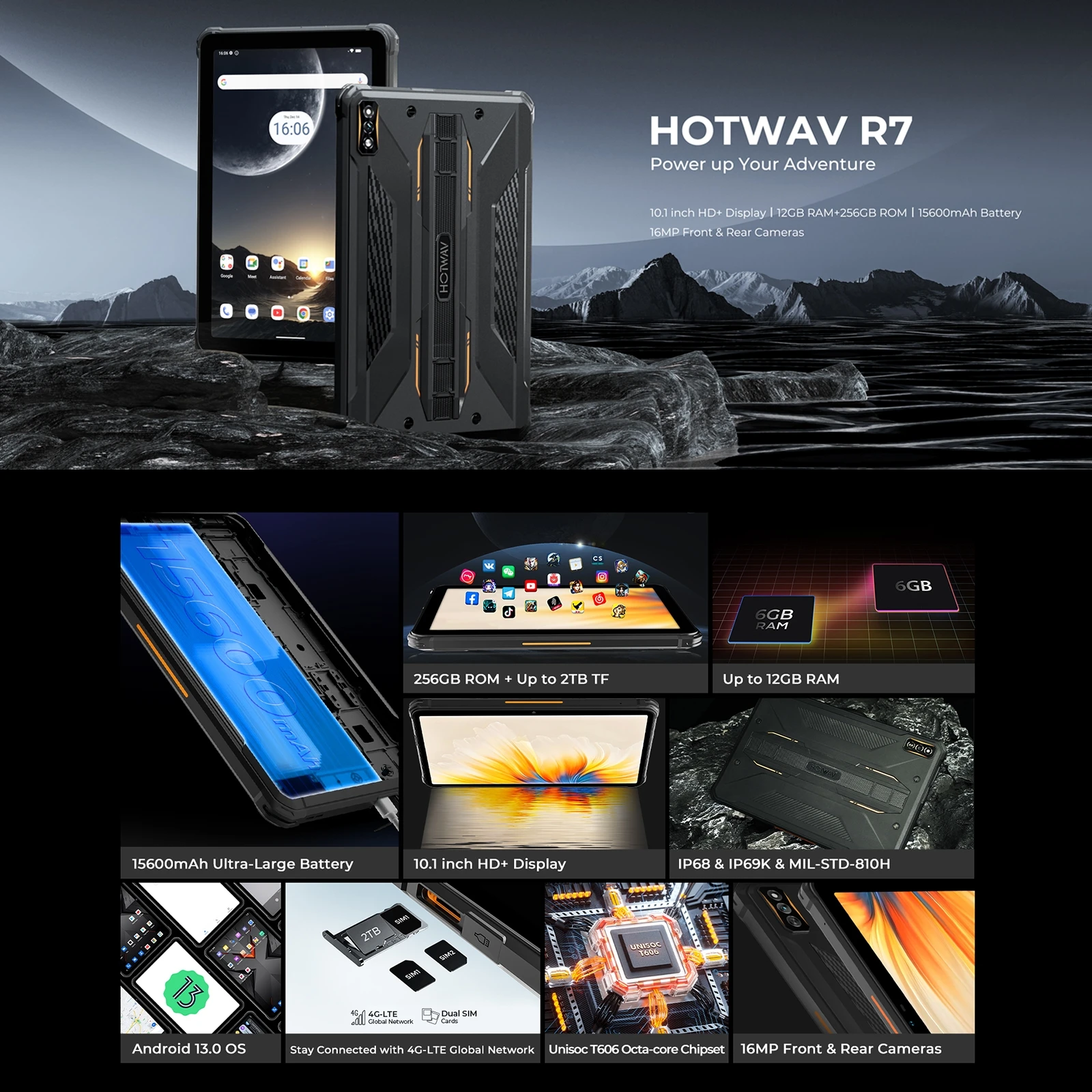 HOTWAV Tab R7 Rugged Tablet 6GB+256GB 10.1'' HD Display Android 13 Tiger T606 Octa Core 4G Global Version ith Google Play Tablet