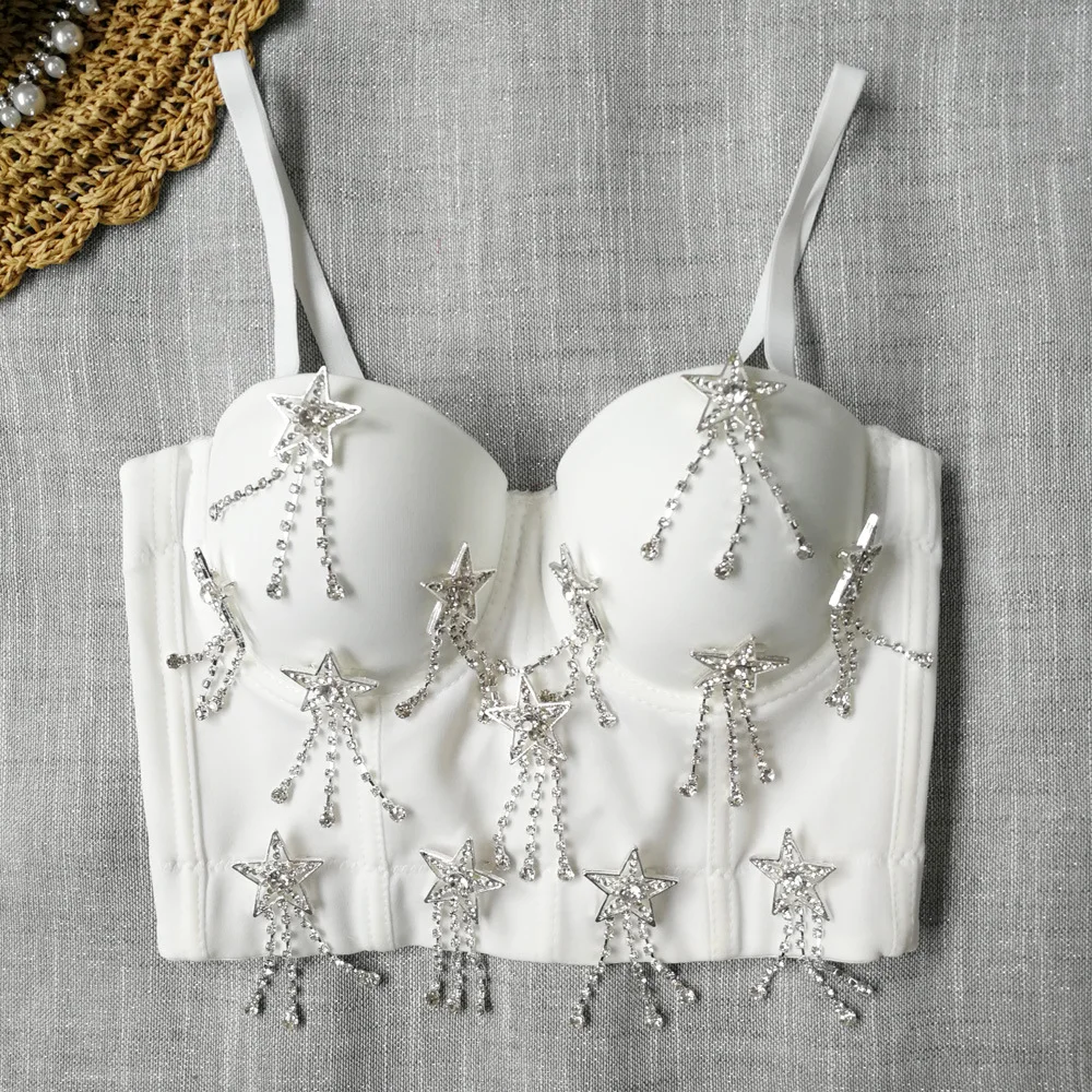Sexy Rhinestone Star Fringe Bustier Top – Sweet & Spicy Corset with Removable Cups, Midriff Baring & Fishbone Design Lingerie