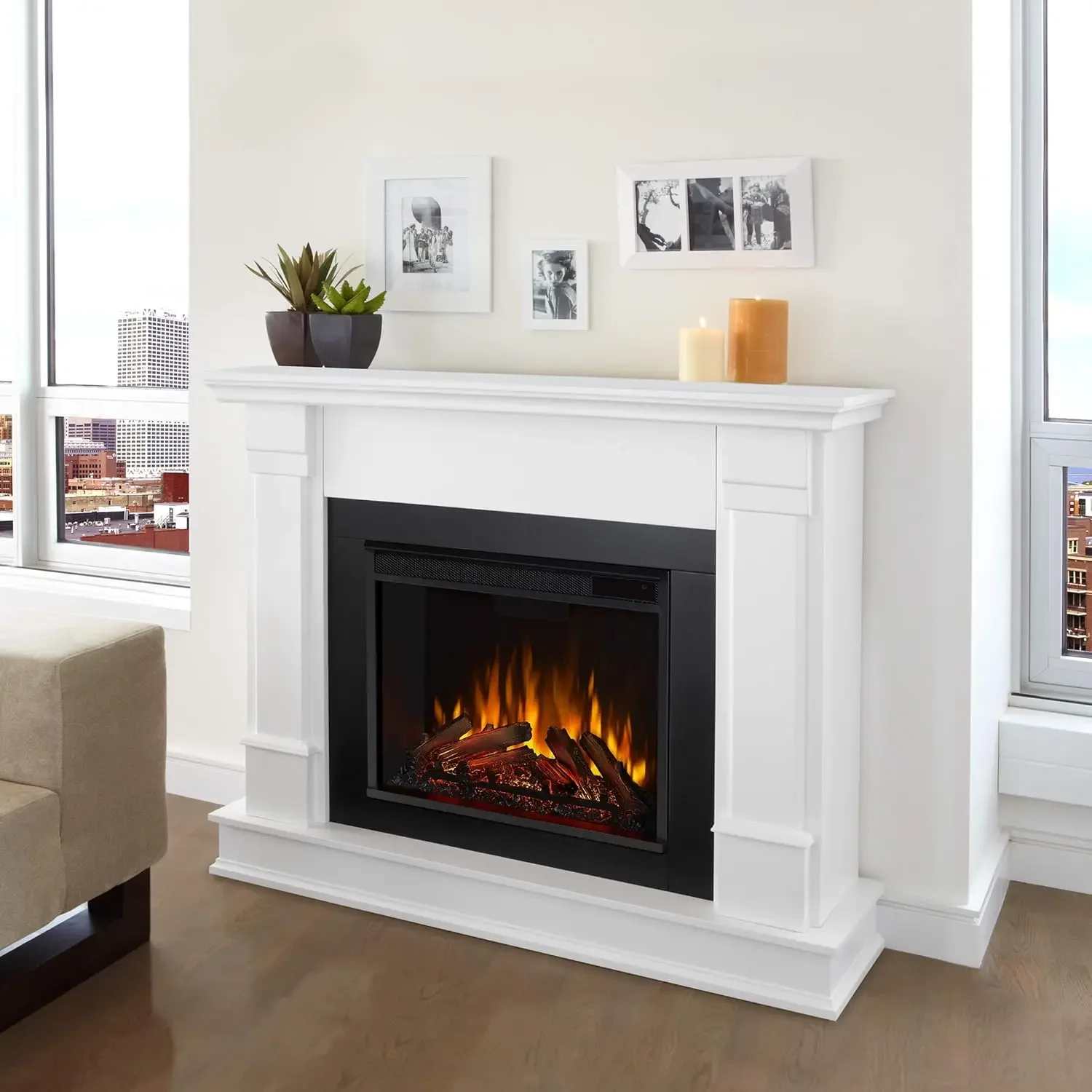 

Silverton 48” Electric Fireplace with Mantel for Living Room or Bedroom, Replaceable Insert Heater, Remote Control, Timer, White