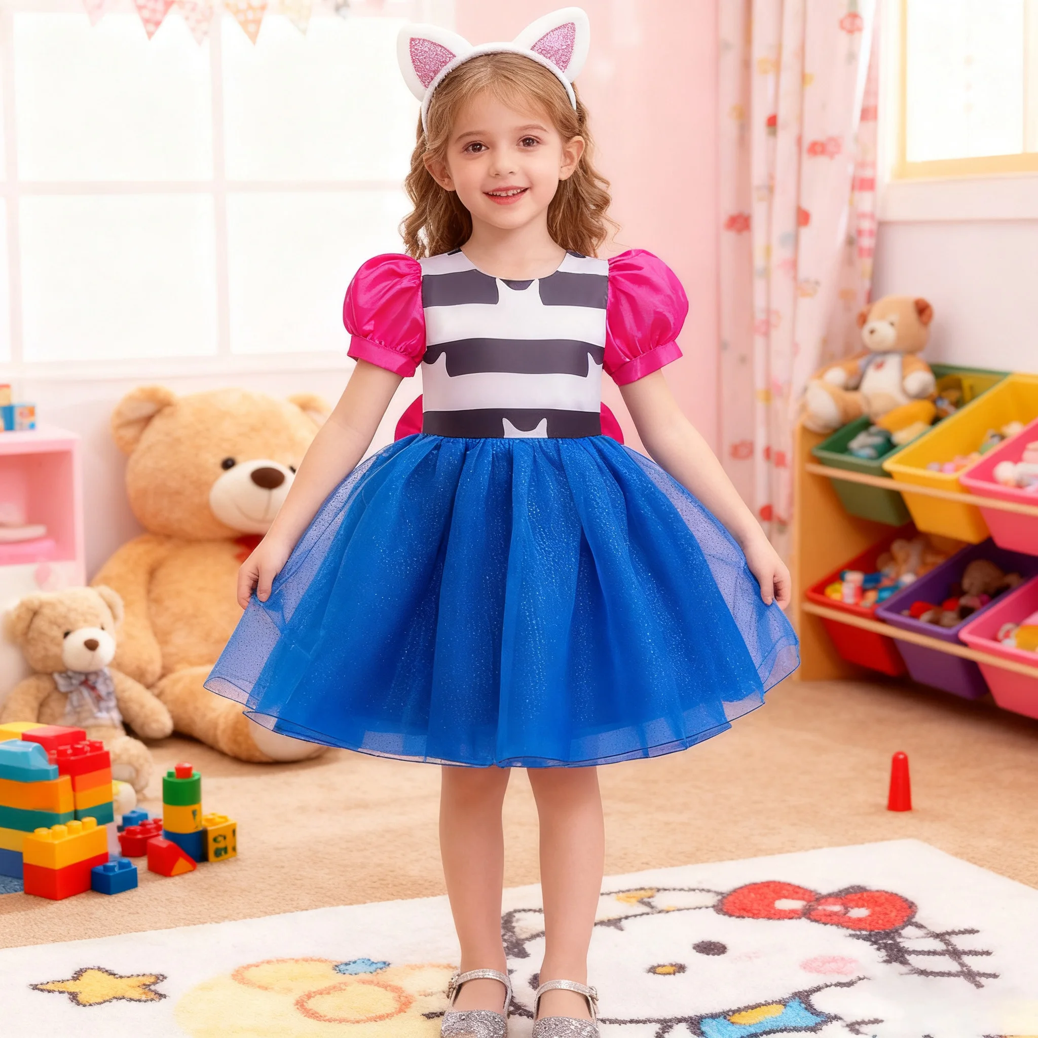 

2pcs Cute Girls Gabby Dollhouse Dress+headband sets Children Tulle Gown NewYear Clothes for Carnival Birthday Xmas Gift