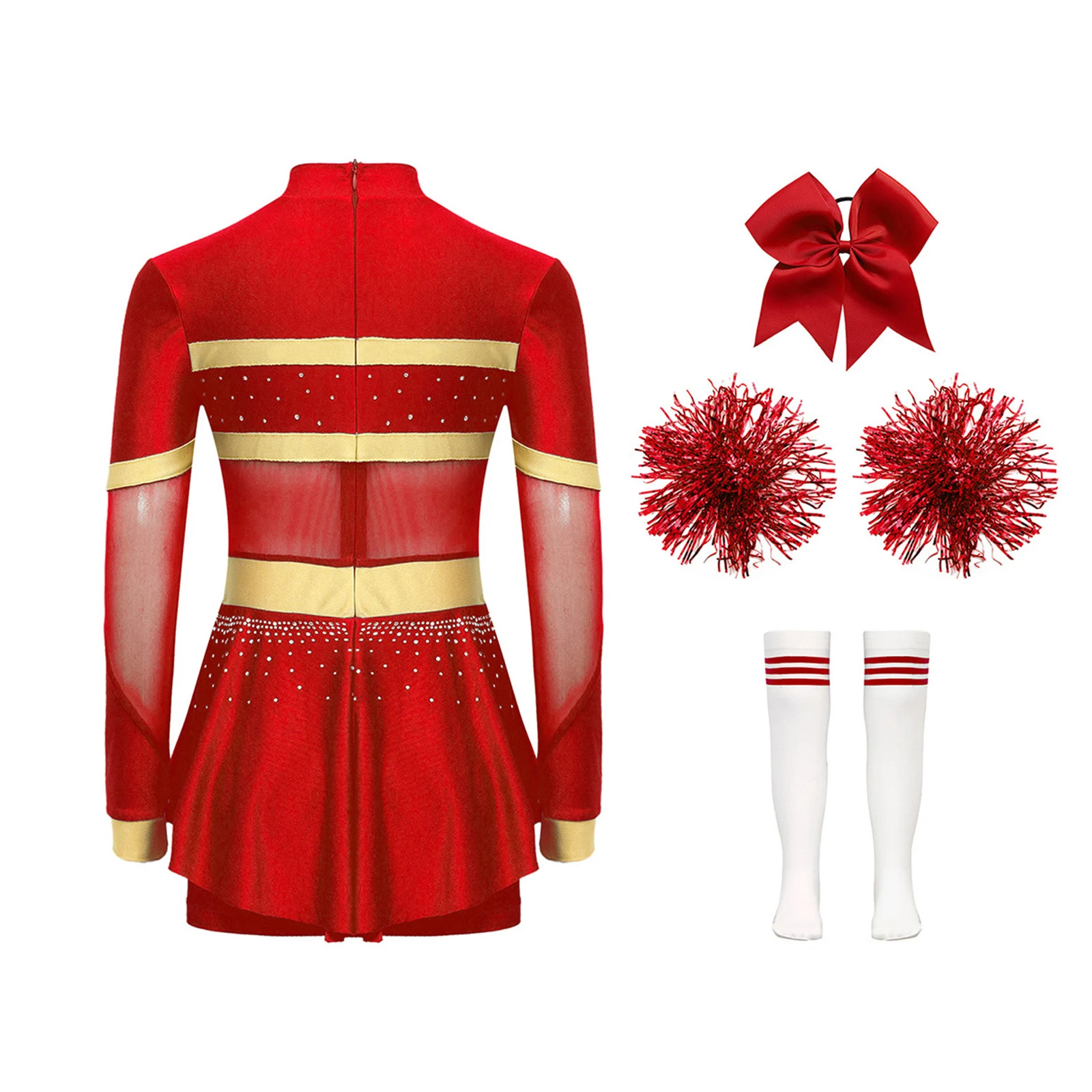 Girls Cheer Leader Costume Dance Uniform High Scholl Girl Long Sleeve Diamonds Cheerleading Jumpsuit Cheer Up Gymnastic Bodysuit