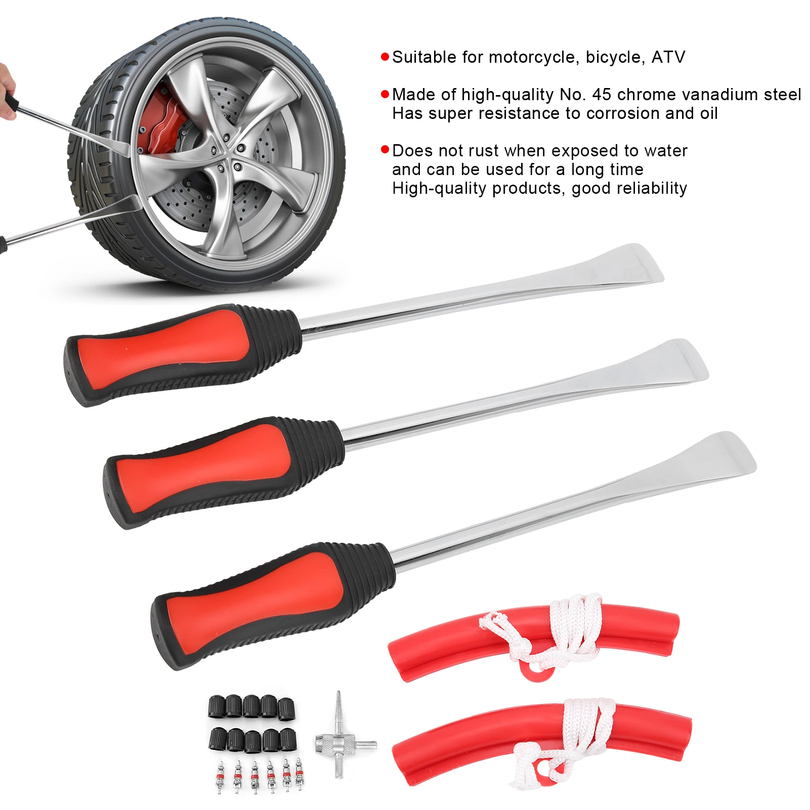 

Набор инструментов для ремонта мотоциклетных шин: лопатка-демонтажник, железный инструмент с набором вентилей, защита обода для мотоциклов, кроссовых мотоциклов, газонокосилок