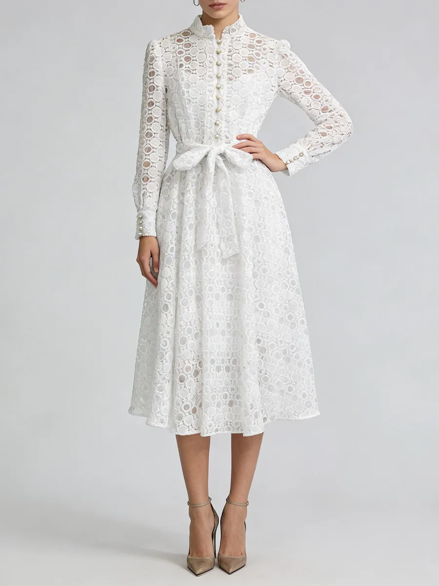 Robe minimaliste à pois ondulés en tissu transparent et uni TWOTWINSTYLE pour femmes, col rond, manches longues, patchwork, boutons, robes pour femmes