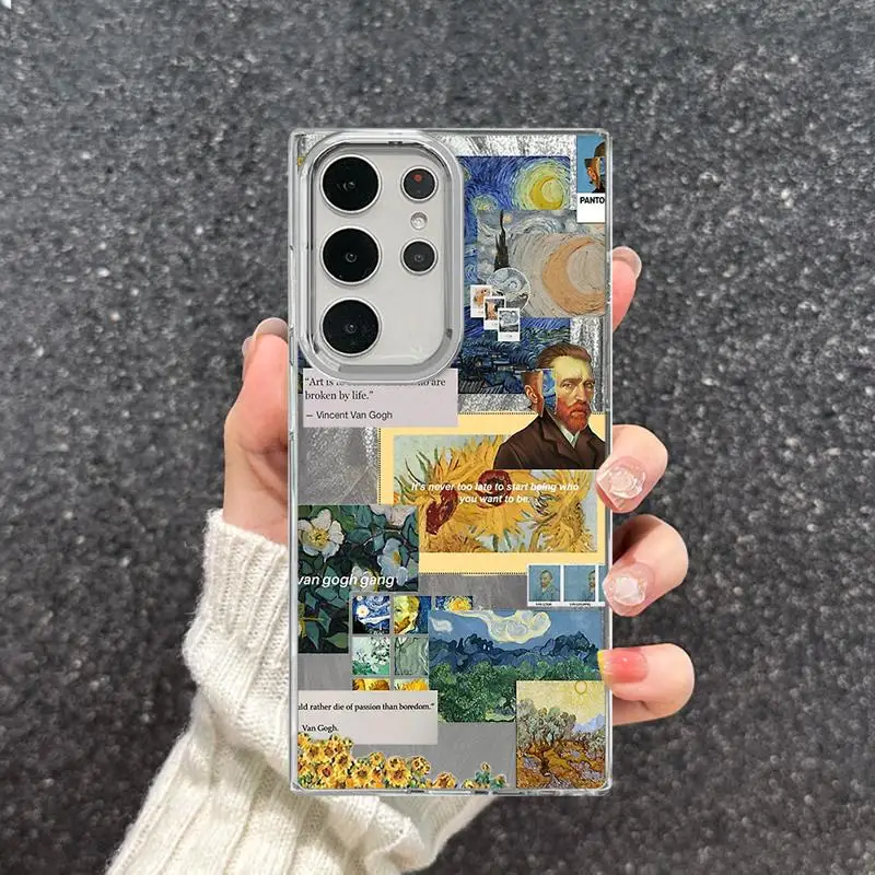 Van Gogh Starry Night Phone Case for Samsung Galaxy S24 Ultra S23 S21 FE S23 Ultra S23Plus Luxury Laser Silver Shell