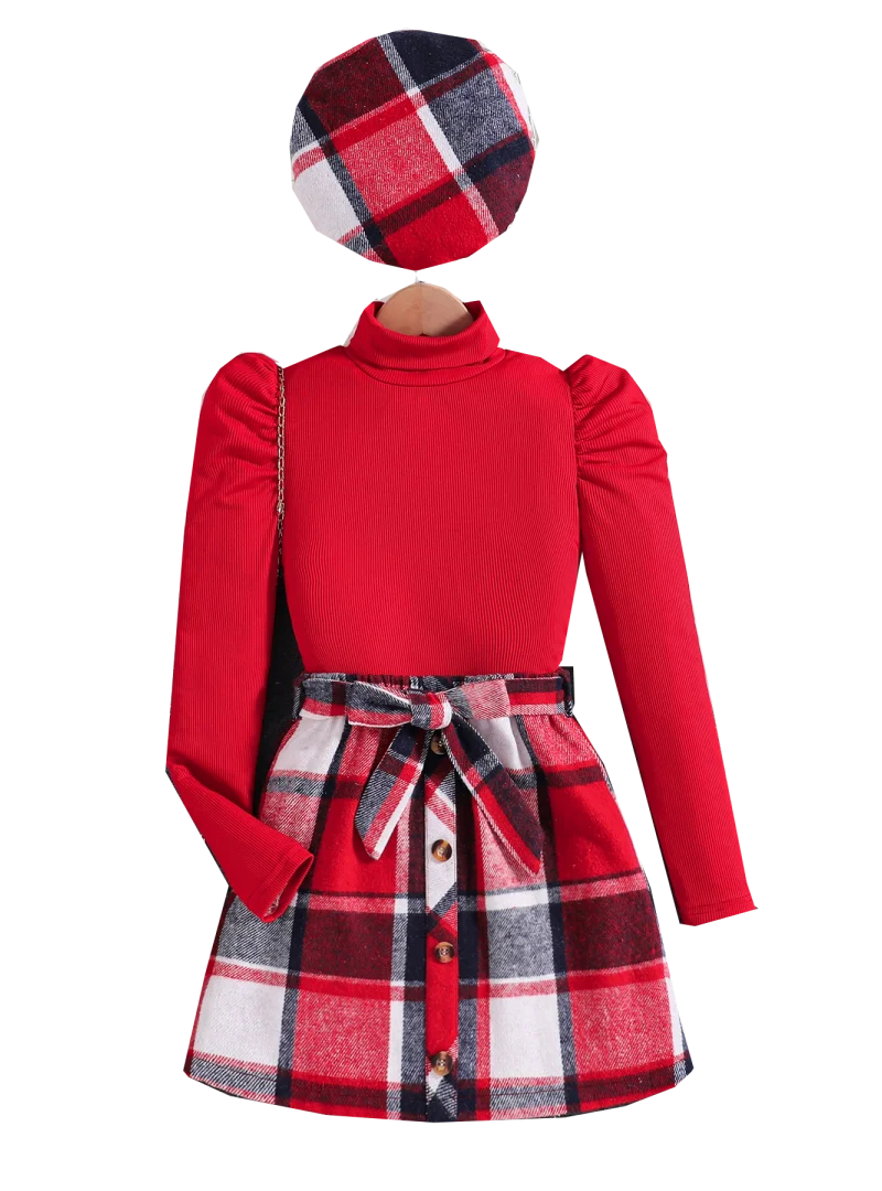 Spring and autumn new girls fashion dress red round neck long sleeve blouse + red mesh skirt + mesh hat 3-piece set