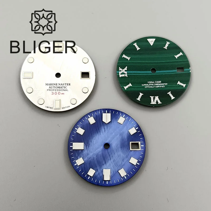 BLIGER  29mm Watch Dial With Mother Pearl Grain BLUE White Green Index For NH35 Automatic Movement Replacement Watch Accessories