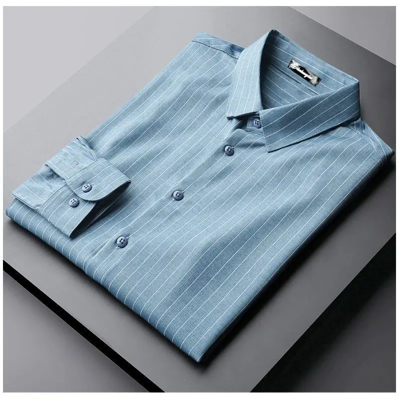 2024 New Spring and Autumn Korean Edition Trendy and Simple Casual Business Flip Collar Stripe Non Iron Formal Fit Shirt for Men