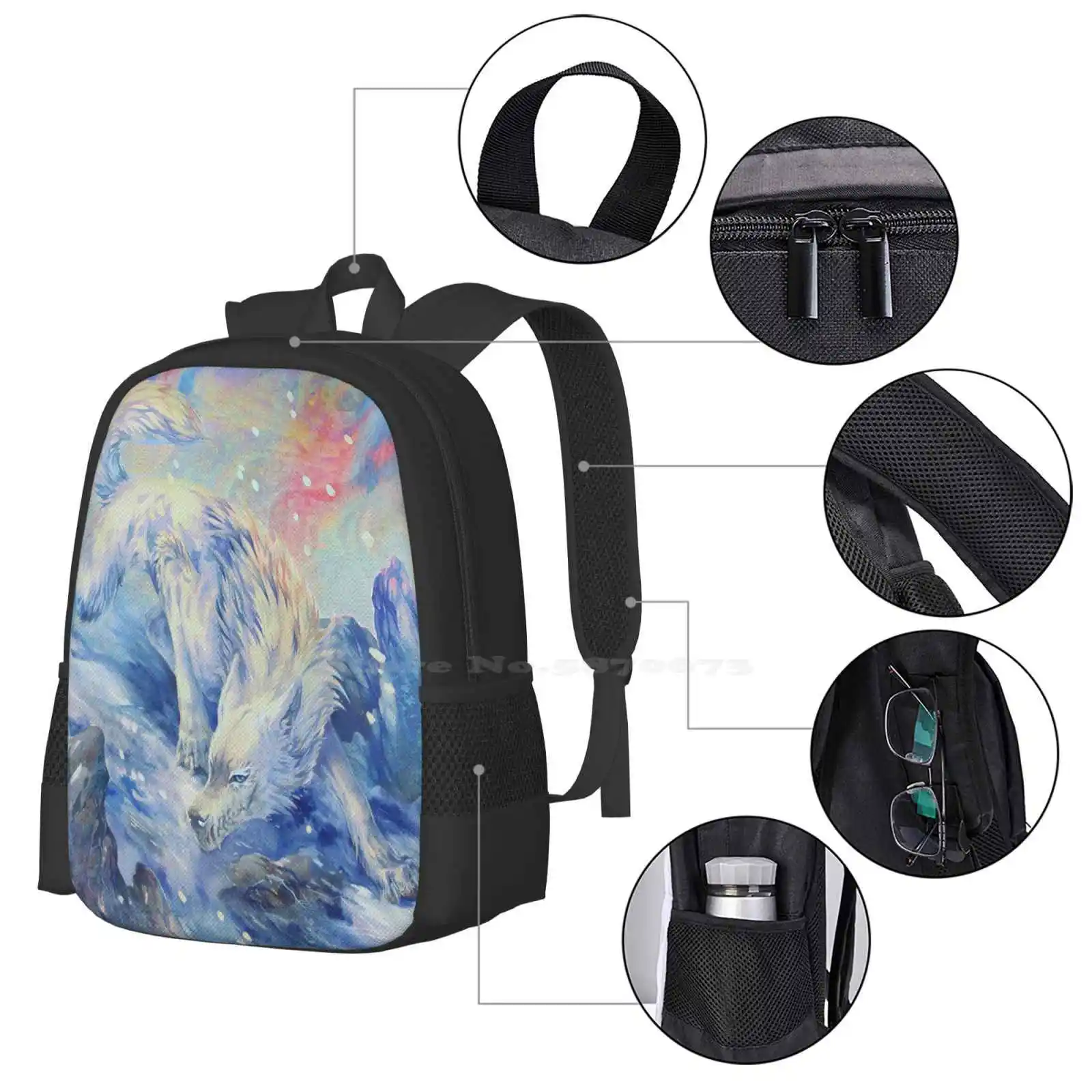 Skoll - Watercolor Hot Sale Backpack Fashion Bags Watercolor Watercolour Wolf Pastel Blue White Pink Traditional Snow