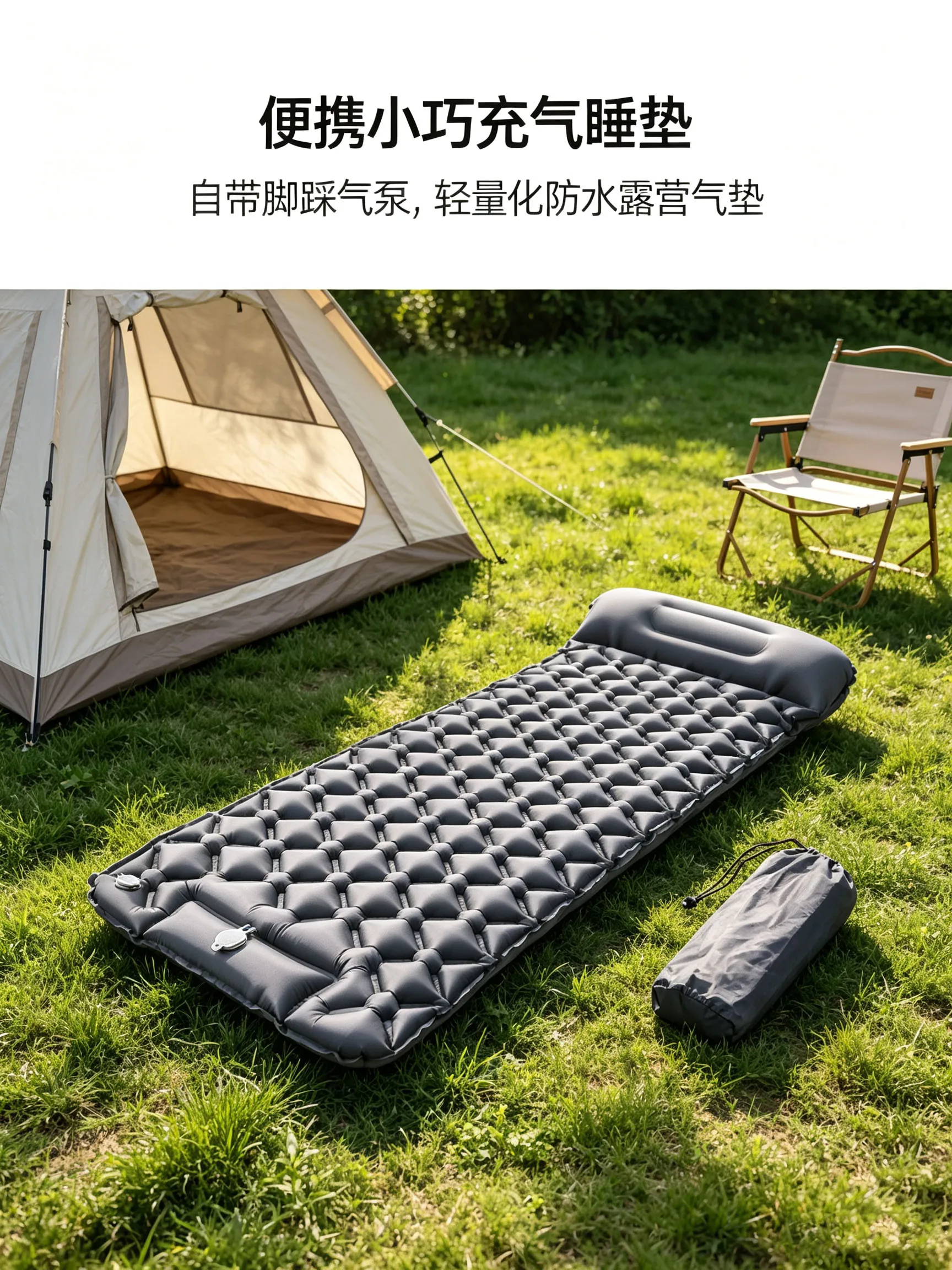 Tragbare, kompakte, aufblasbare Schlafmatte mit eingebauter Fußpumpe, leichte, wasserdichte Camping-Luftmatratze mit Aufbewahrungstasche – Detail 6