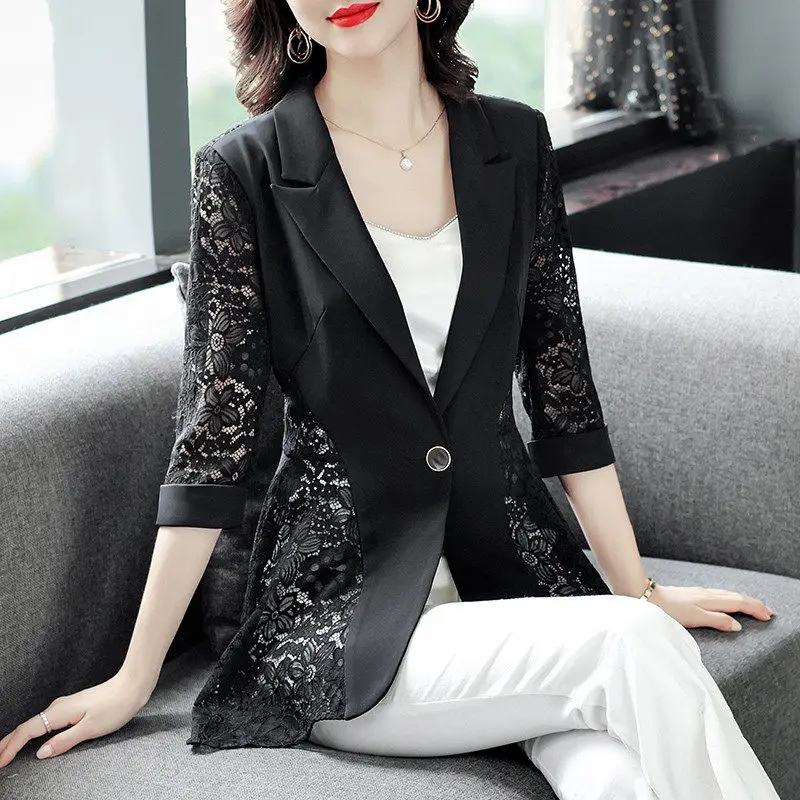 

Noble Black Lace Suit Jacket Female 2023 Spring Summer New Fashion Elegant Single Button Lady Casual Thin Slim Blazer Coats Club