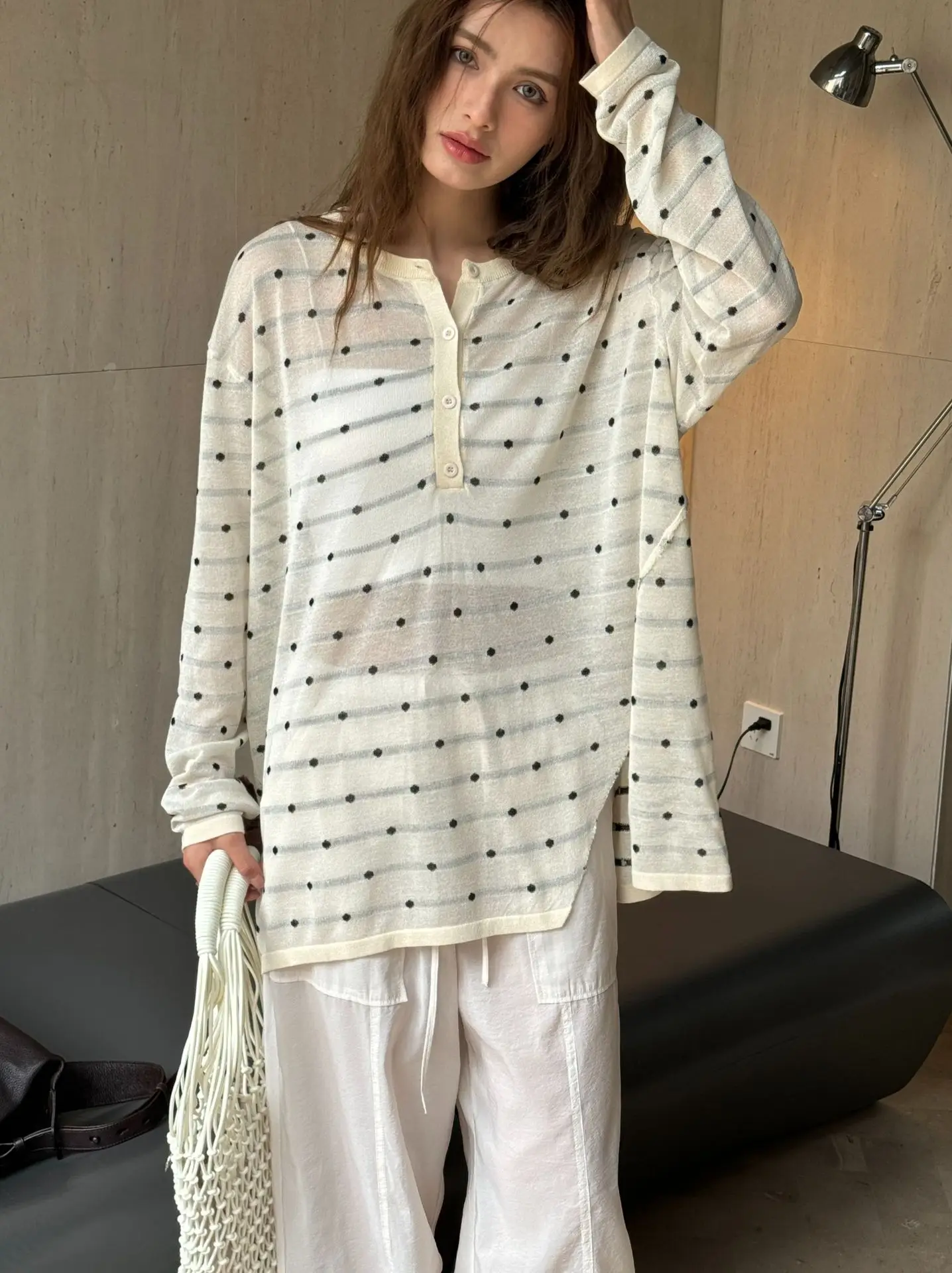 Summer women's casual polka dot round neck long sleeved loose perspective T-shirt