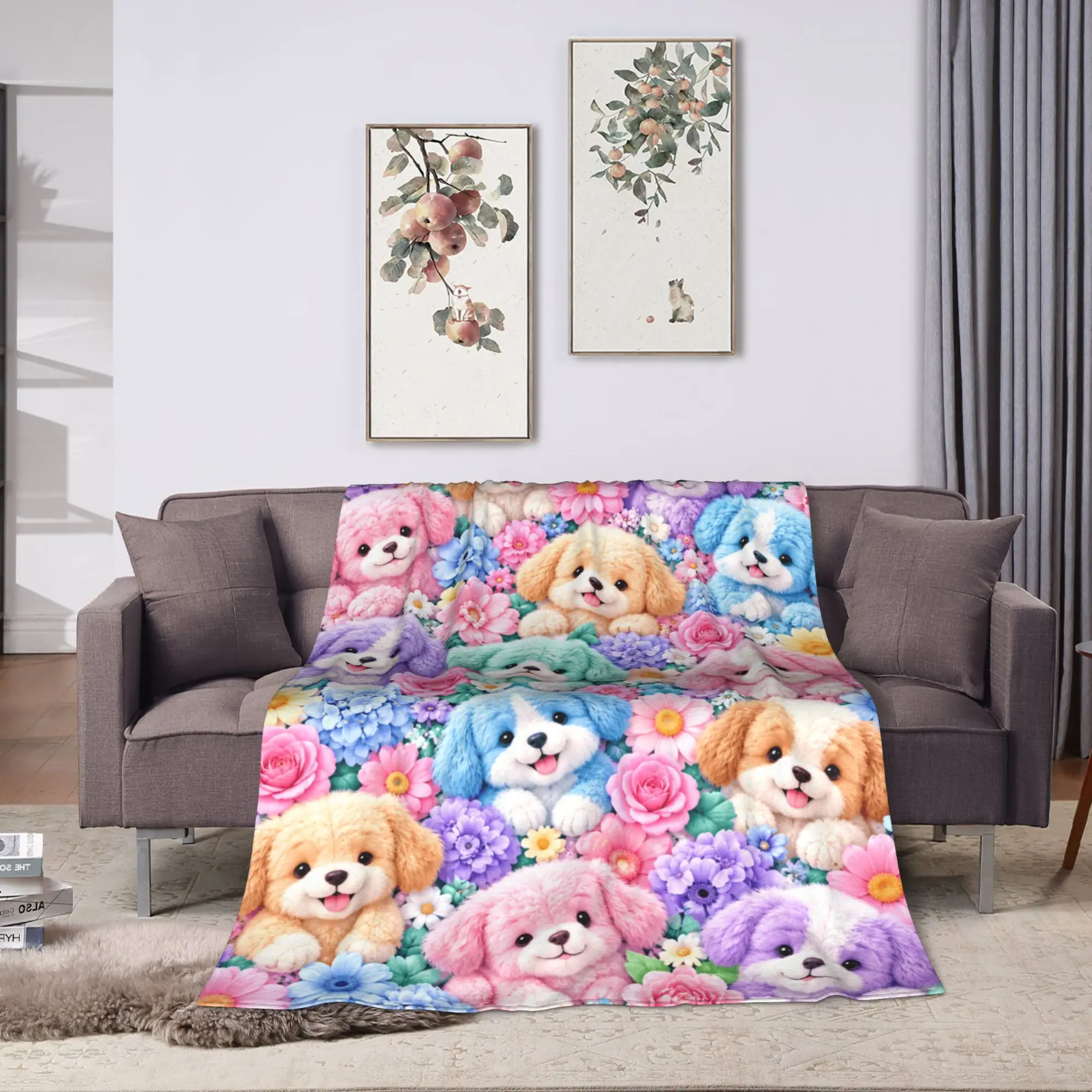 Cute Plush Puppies Surrounded By Bright Flowers Blanket Quality Warm Comfy  Throw Blanket Spring Camping Living Room Bedspread