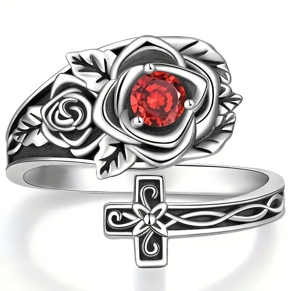 European and American best-selling red rose cross spoon-shaped ring retro Victorian style adjustment ring