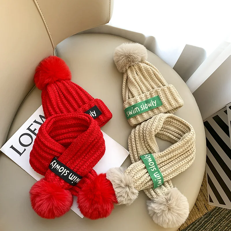 Fashion Hat and Scarf Sets Children Chimney Boys Thick Knitted Beanie Shawl Kids Solid Color Keep Warm In Winter Girls Stylish