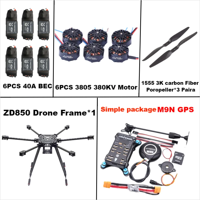 

ZD850 Pixhawk 2.4.8 M9N Full Carbon Fiber 850mm Hexa-Rotor Frame BLHELI 40A ESC Flight Comtrol Rado Telemetry Set