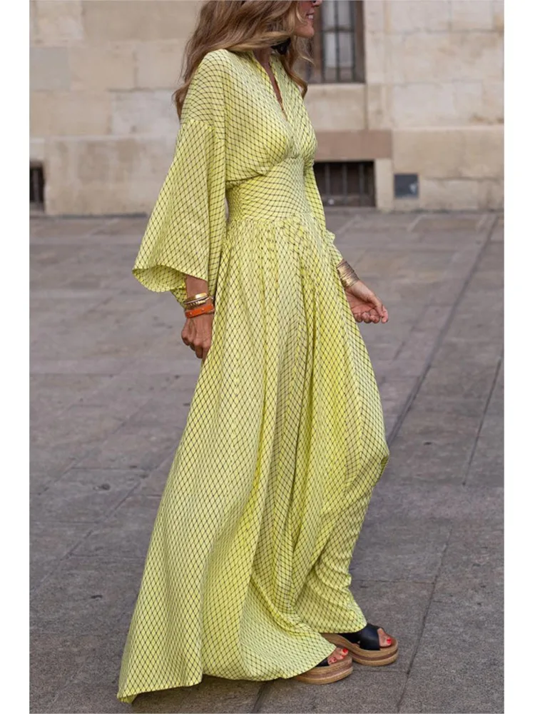 

Temperament V Neck High Waist Big Swing Dresses For Women Vintage Loose Batwing Sleeve Maxi Robe 2026 Autumn Casual Trendy Dress