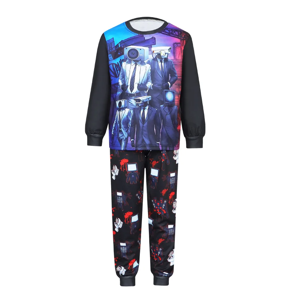 Skibidi Toilette Jungen Hemd Hose Set Langarm Kameramann TV Mann Cartoon Kind Pyjama Kostüm Halloween Cosplay