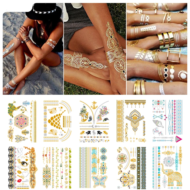 

Flash Tattoo Sticker Gold Temporary Tattoo Women Party Body Arm Art Metallic False Waterproof Tattoos Stickers