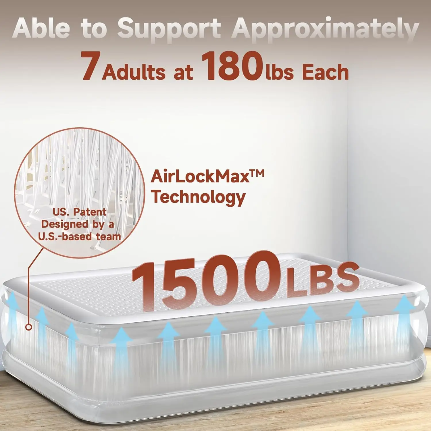 Queen Air Mattress with Rechargeable Built in Pump, Wireless Inflatable Mattress, 1500 lbs Strong Support