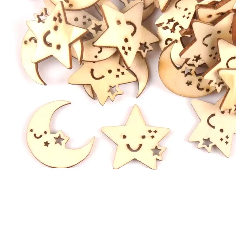 24-27mm 25Pcs Wooden Ornament Moon And Star Pattern For DIY Crafts Scrapbook Accessories Handmade Wood Slices Home Decor M1704