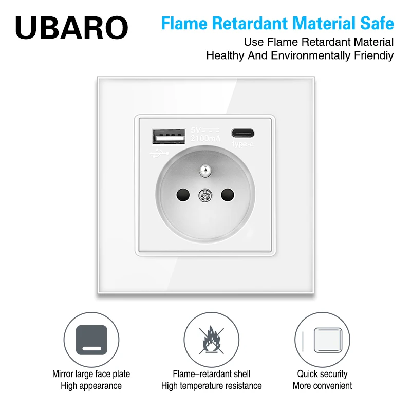 UBARO France Standard  Home Outlet With USB Type C Electrical Plug White Tempered Glass Panel Single Wall Socket 110-250V 16A