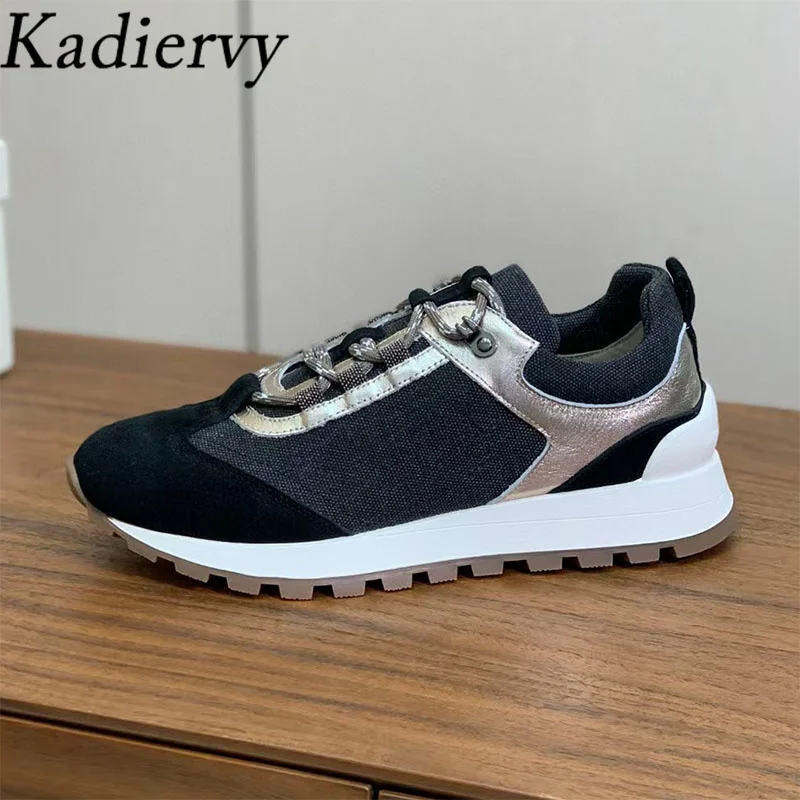 

Casual Flat Women's Sneakers Round Toe Lace Up String Bead Outdoors Shoes Suede Patchwork Running Sports Shoes Woman