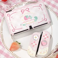 Funda protectora de silicona Geekshare y funda JoyCon para Nintendo Switch/OLED con 1 par de empuñaduras de pulgar personalizadas, fresa de primavera