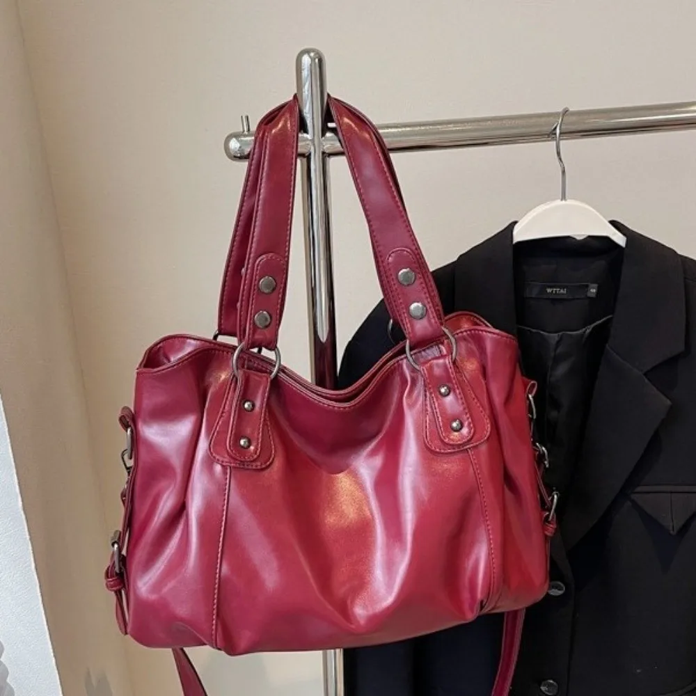 Ins Style Large Capacity Soft PU Shoulder Bag Solid Color Sturdy Handle Tote Bag Leather Look Zipper Closure Hobo Bag Daily Use