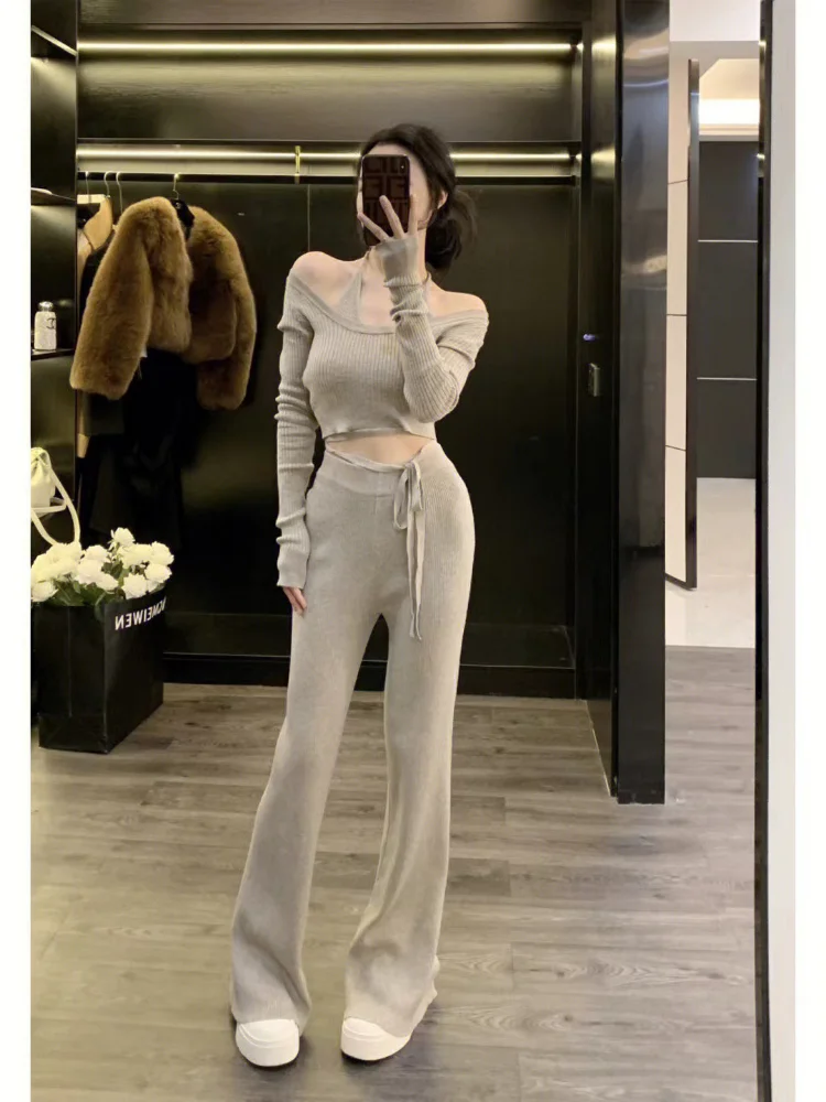 New Spring Knit Sexy Crop Top Pant Sets Women Off Shoulder Halter Bodycon Sweater + Split Pants 2 Piece Sets Womens Outfit Y2k