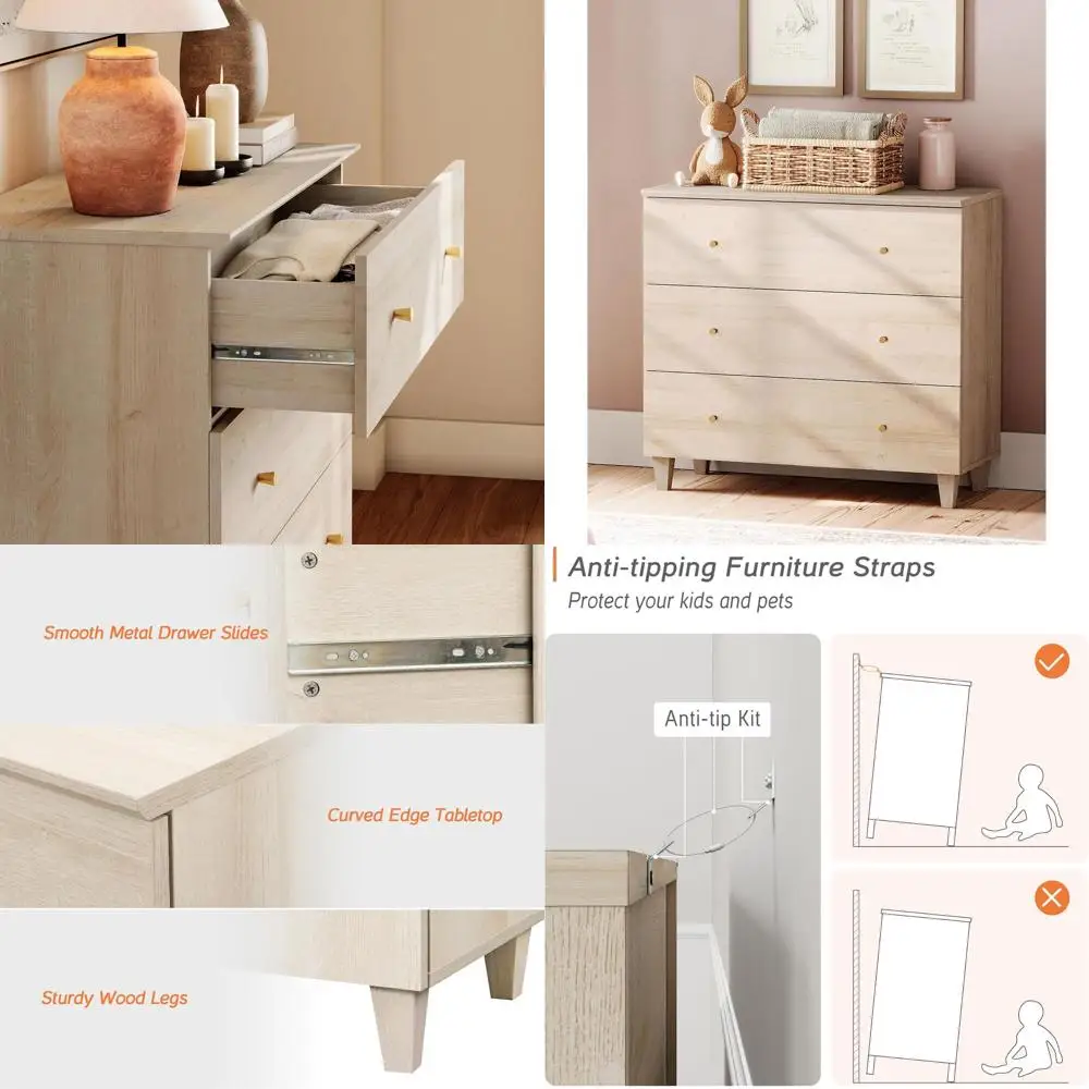 

Комод для детской комнаты, спальни или гостиной из светлого дуба, 35 дюймов, с золотыми ручками