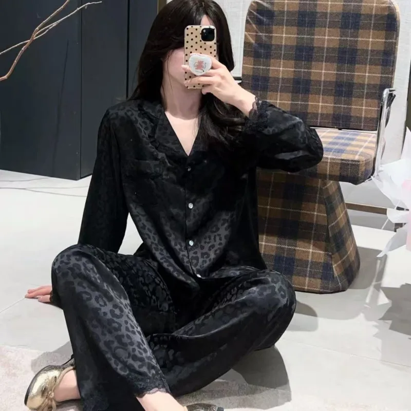 Black Leopard 26 Summer Autumn New Elegant Lace High-End Long Sleeve Pants Women Ice Silk Pajamas 2piece Set Nightgown Sleepwear