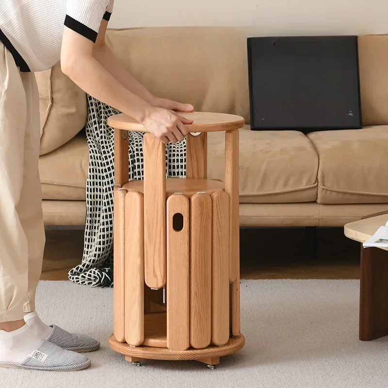 Solid Wood Combination Stool with Pulleys Can Be Stacked Round Stool Home Stacking Spare Dining Bench Storage Folding Chair