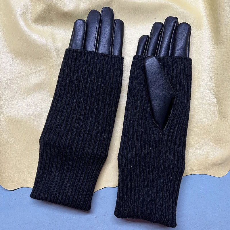 Leather Gloves Warm Knitted Panels Sheepskin Gloves Lady\'s Autumn Winter Single Leather Gloves Knitted Sleeves Light Brown