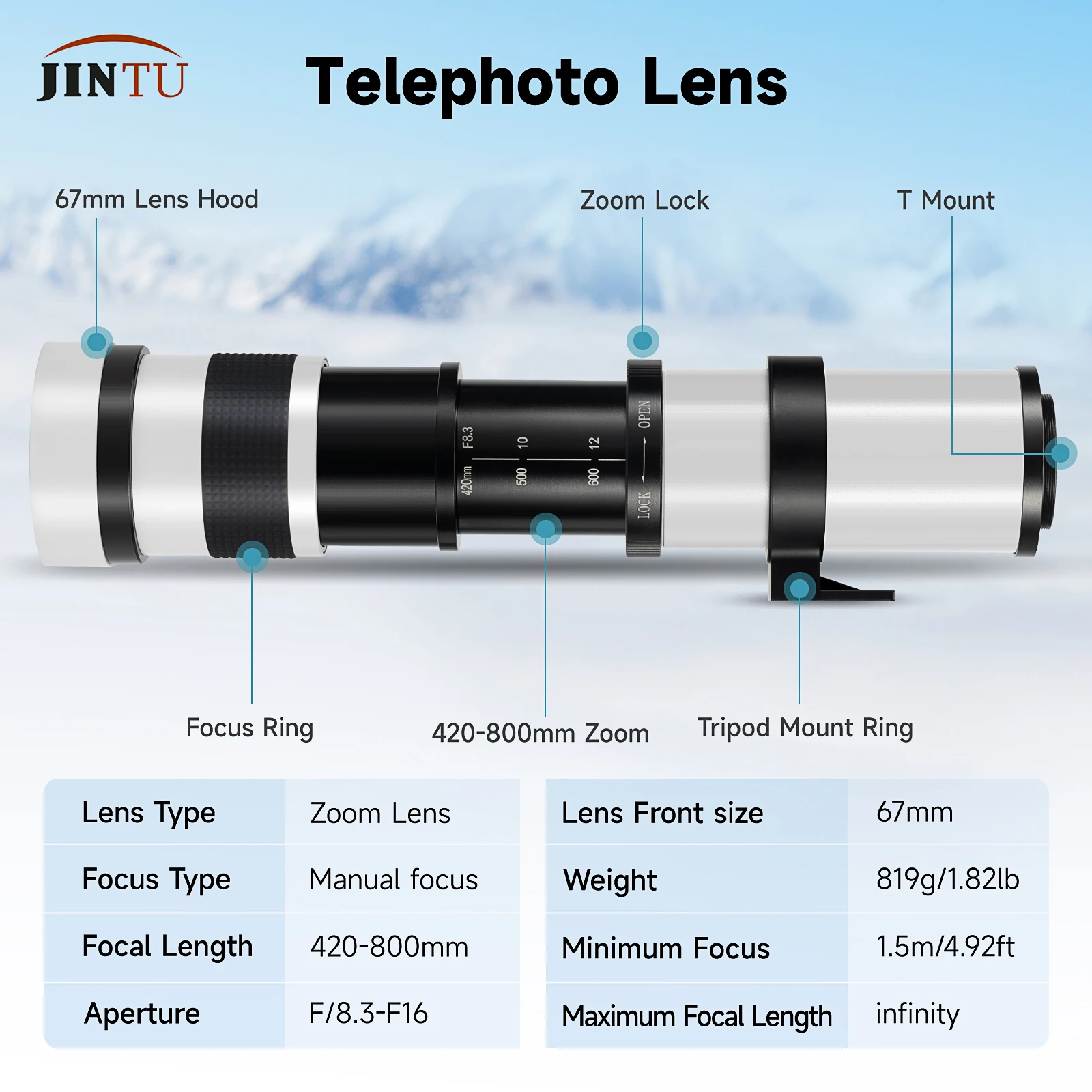 JINTU 420-800mm F/8.3 Super Telephoto Lens Compatible with Canon