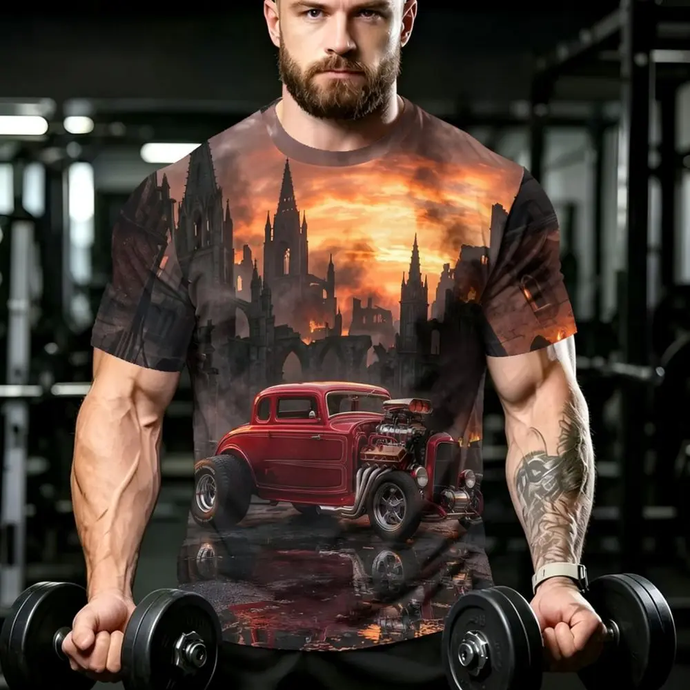 Mens Round Neck Graphic Tee Vintage Castle Car Print Summer Casual Breathable Quick Dry Sporty Short Sleeve Shirt